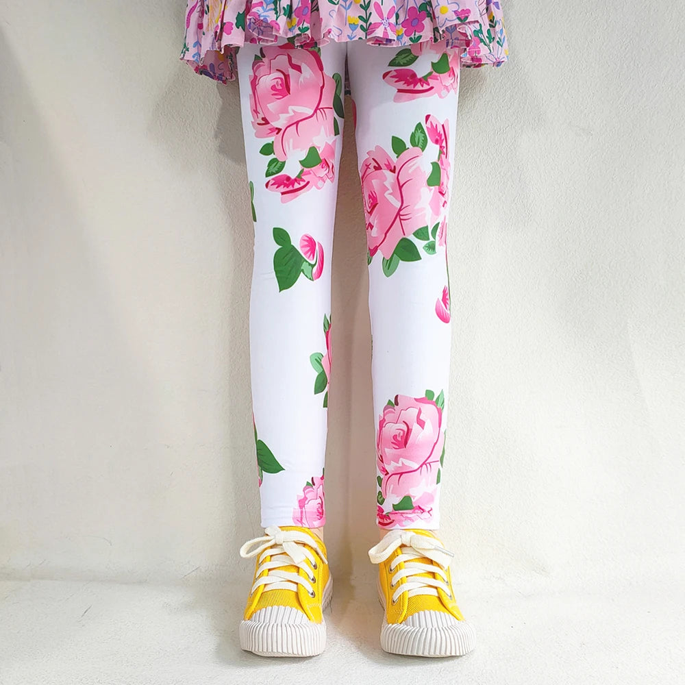 Adorable Little Girls Leggings White Pink Rose