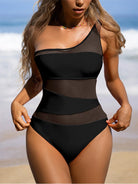 Women's One-Shoulder Mesh One-Piece Swimsuit in Black