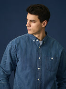 Blue Casual Vertical Striped Denim Men's Shirt